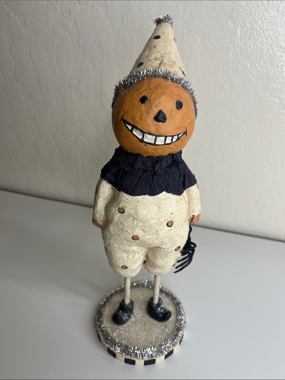 Handcrafted Pumpkin-Head Clown Figurine in White and Orange